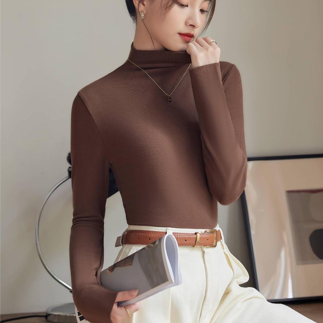 半高领针织衫女2024秋冬新款加绒加厚立领修身打底衫蕾丝上衣