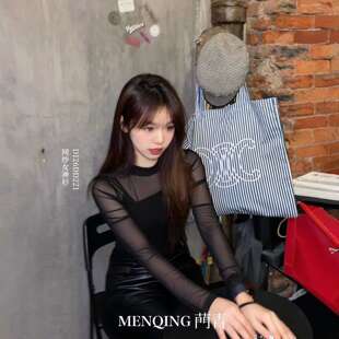 菛青网纱打底衫 薄纱高级感 黑色网纱半高领内搭蕾丝透明纱衣袖