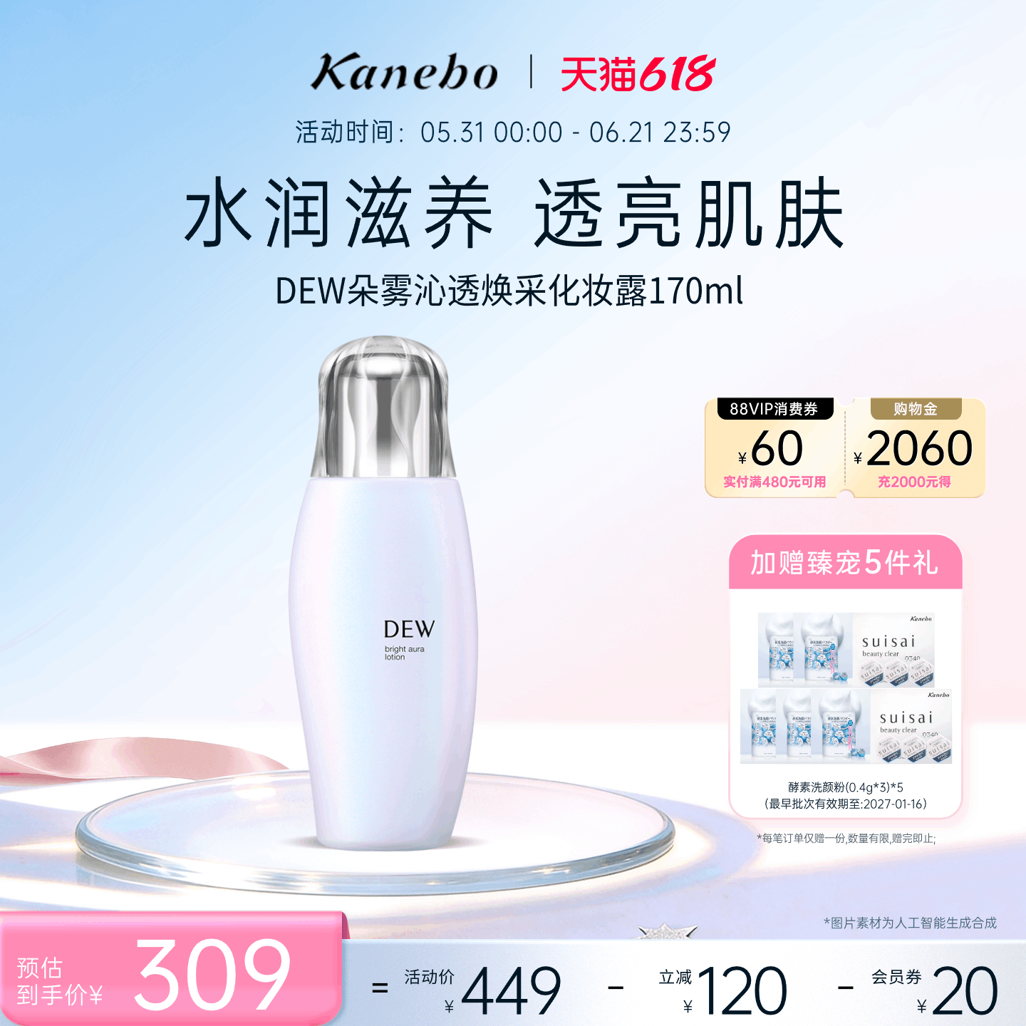 Kanebo嘉娜宝DEW朵雾沁透焕采化妆露长效保湿水润丰盈170ml