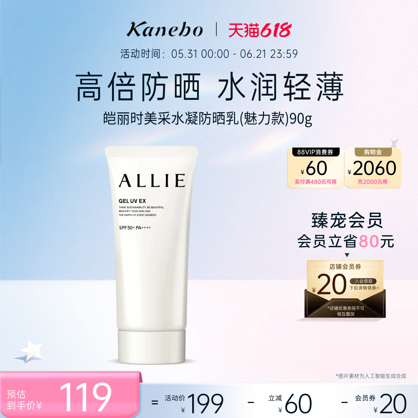 Kanebo嘉娜宝皑丽时美采水凝防晒霜持久防晒清爽90g