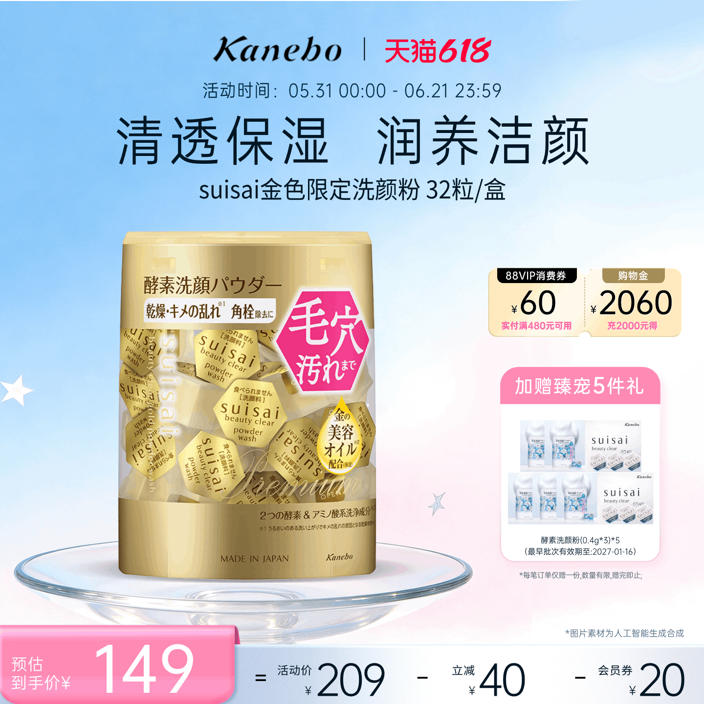 Kanebo嘉娜宝洗颜粉酵素金色限定版深层清洁保湿官方32粒洁颜粉