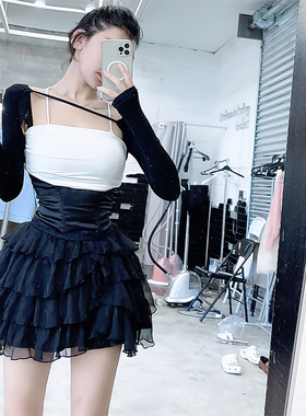 图图小有名气蛋糕裙不规则拉链高腰公主裙蓬蓬黑色半身裙显瘦高腰