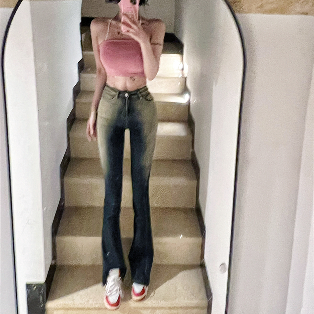 复古中腰喇叭显瘦染色弹力牛仔裤