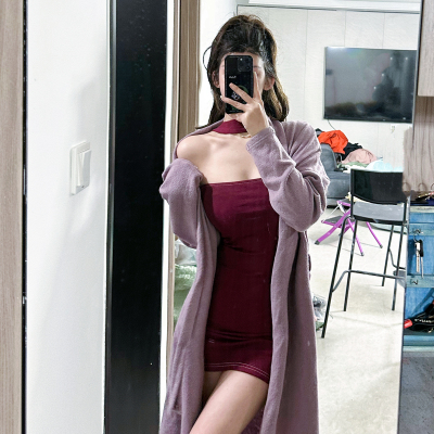 紫红色抹胸吊带修身性感连衣裙