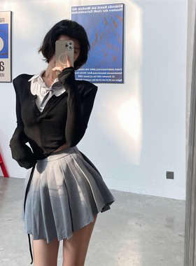 图图小有名气黑色v领纽扣针织加厚学院长袖修身坑条打底套头上衣