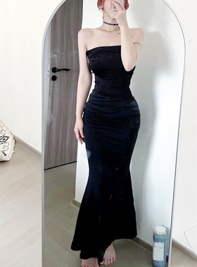 图图小有名气黑色礼服吊带一字裙长裙气质显瘦紧身包臀裙连衣裙女