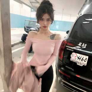 图图小有名气的螺纹随心裁纯欲一字领长袖打底气质上镜辣妹修身T