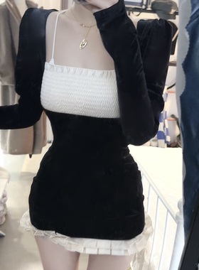 图图小有名气的丝绒拼色花边气质短裙黑色复古奶油迷你连衣裙