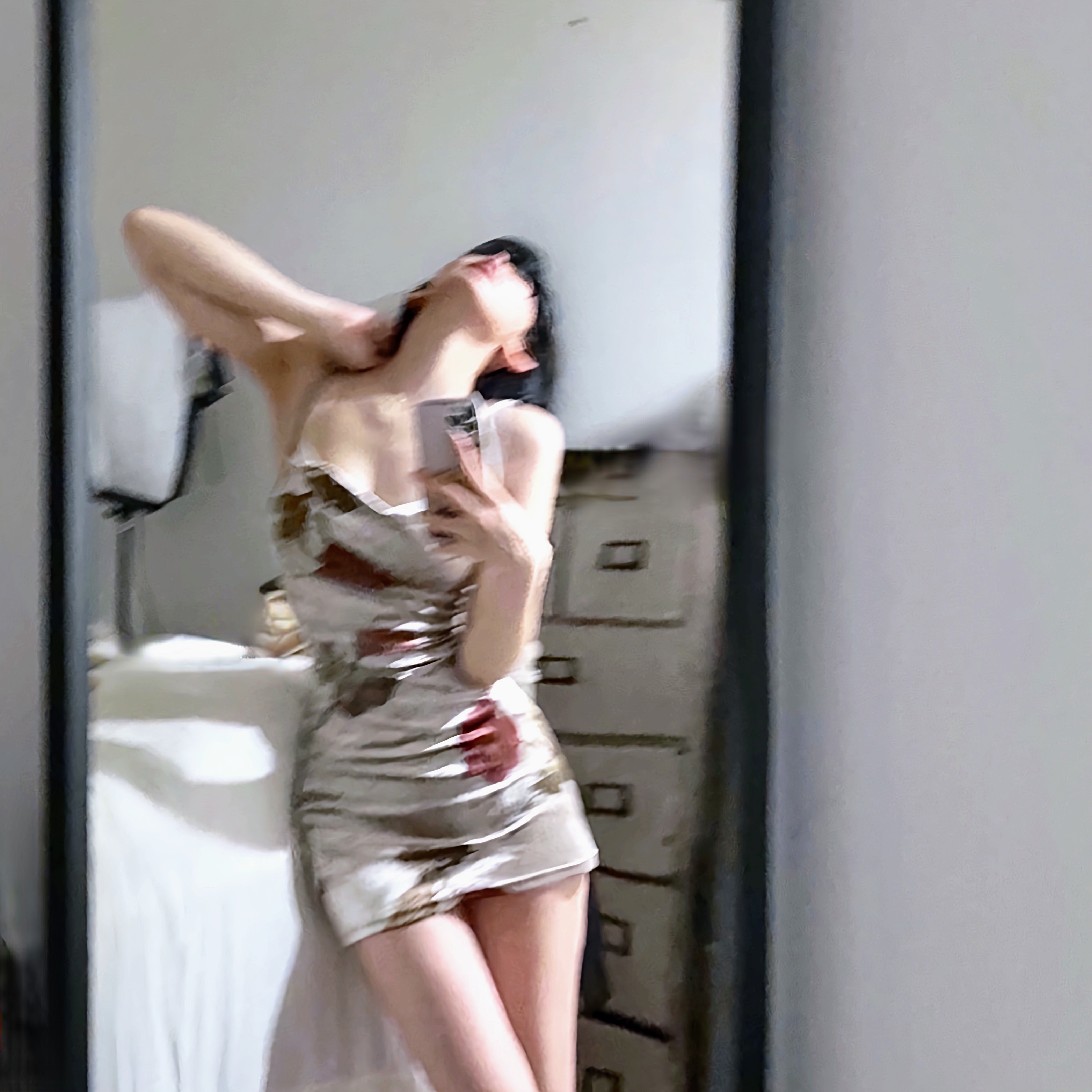 印花丝绒复古连衣裙吊带打底