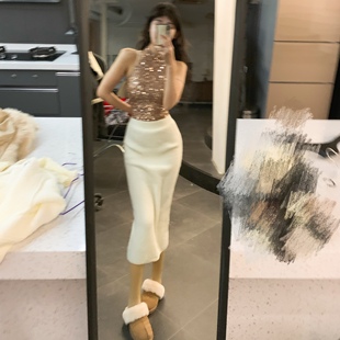 春秋收腰香槟色夜店蹦迪亮片打底上衣2024 短款 图图小有名气 无袖