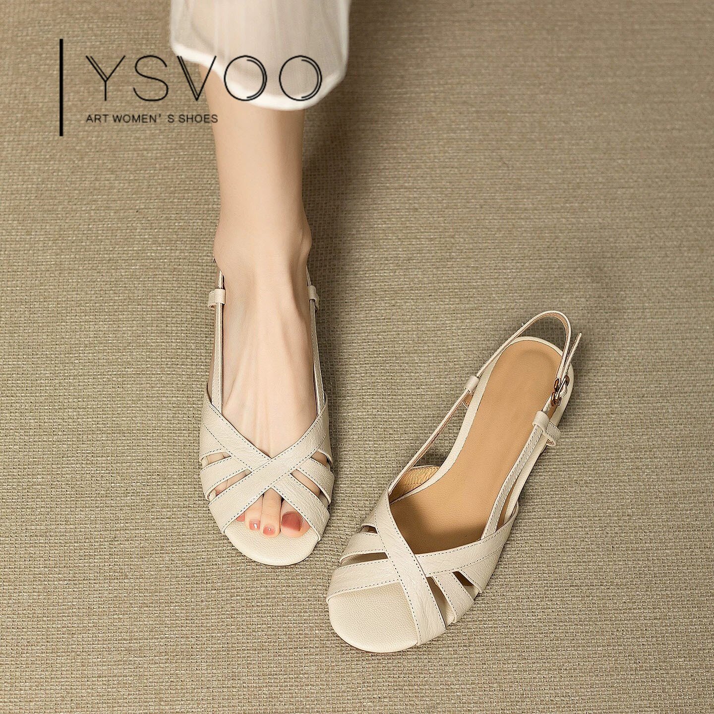 YSVOO【法式】交叉带鱼口凉鞋女夏低跟软羊皮时尚不累脚配裙子