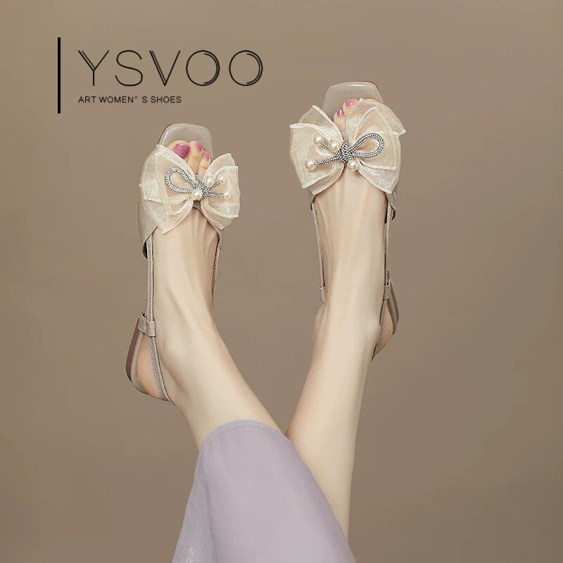 YSVOO【法式】甜美风珍珠水钻蝴蝶结一字带凉鞋女平底仙女风单鞋