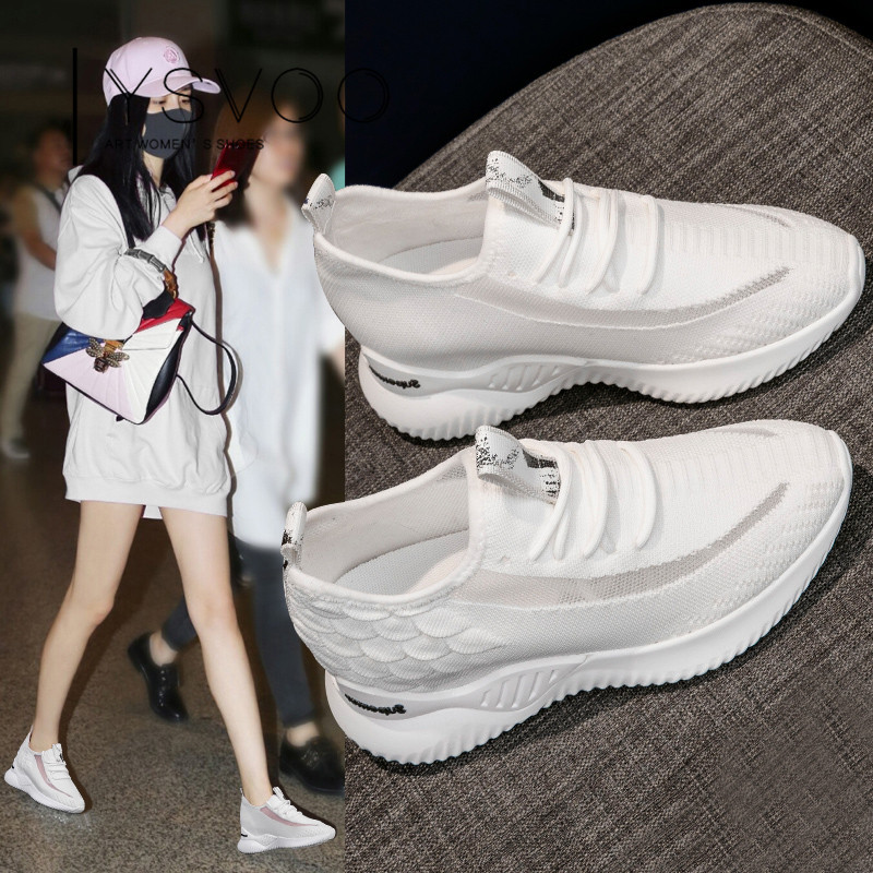 内增高小白鞋女夏季新款透气运动休闲女鞋时尚镂空松糕网面鞋