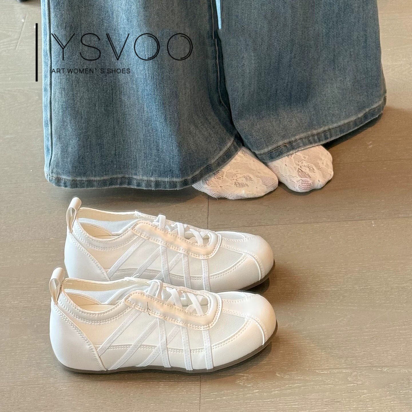 YSVOO运动鞋白色德训鞋女休闲运动风系带小白鞋百搭透气板鞋单鞋