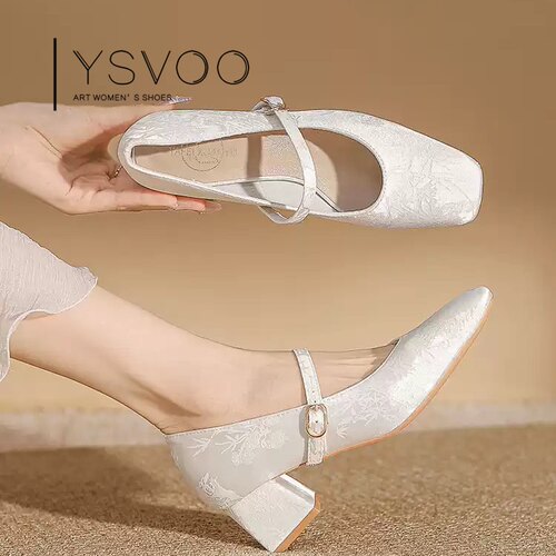 YSVOO新中式玛丽珍鞋女白色方头粗跟一字扣新娘鞋不累脚日常百搭