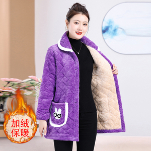 冬季新款加绒加厚罩衣女外穿保暖棉衣妈妈卡通图案棉袄大码外套女