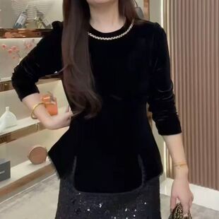 轻熟优雅风小衫黑色金丝绒长袖T恤女宽松圆领钉珠减龄洋气上衣