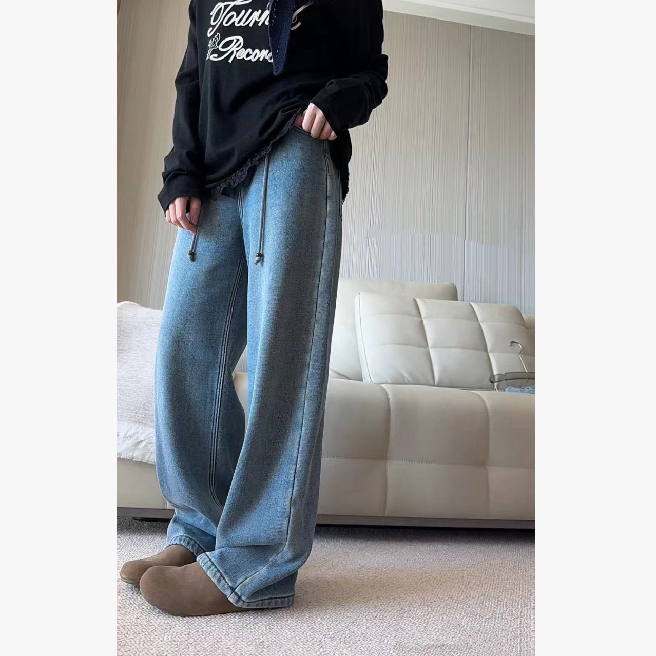 YL 880307 一体绒直筒牛仔裤