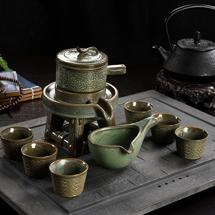 紫砂陶瓷時來運轉半自動石磨功夫茶具整套家用 簡約 現代禮品套裝