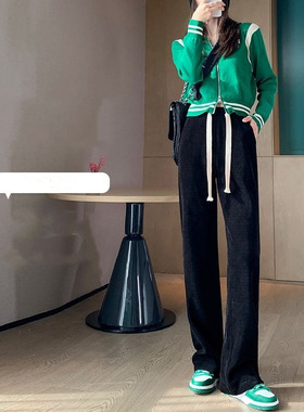 冰丝阔腿裤女春夏款直筒高腰长裤显瘦拖地裤带抽绳垂坠遛弯休闲裤