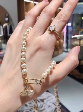 满钻土星项链女 复古珍珠别针项链520礼物