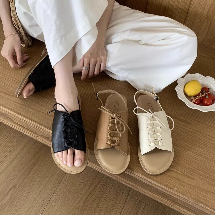 布谷屋buguwu罗马凉鞋女夏平底系带仙女风白色配裙子凉拖鞋女新款