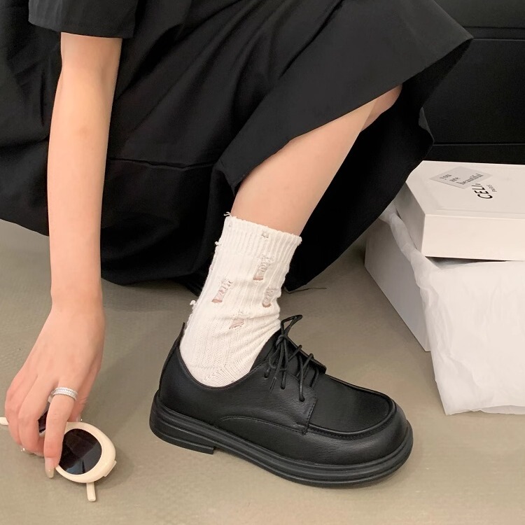 布谷屋buguwu系带圆头黑色小皮鞋制服单鞋女英伦风复古厚底乐福鞋