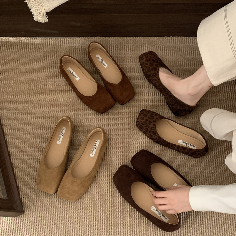 OKLEIBO复古一脚蹬豆豆鞋女平底奶奶鞋2025年秋新款方头绒面单鞋