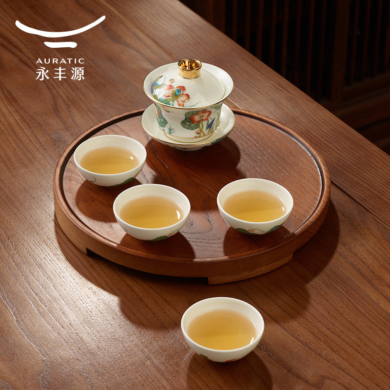 国瓷永丰源幸福和鸣7头陶瓷功夫茶具茶杯盖碗套装礼盒装4人位