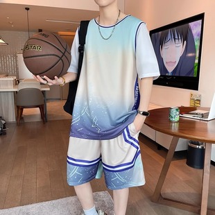 夏季篮球服套装男生初中生冰丝速干短袖t恤青少年大童假两件球衣