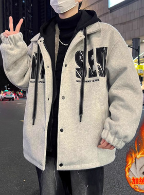 假两件外套加绒加厚棉服连帽夹克
