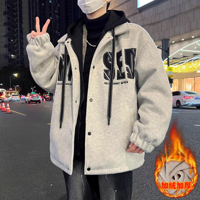 假两件外套加绒加厚棉服连帽夹克
