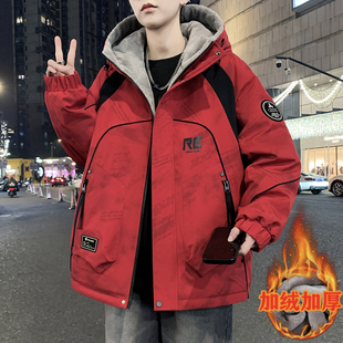 秋冬季青少年加绒加厚外套男初中高中学生潮牌帅气大童夹克棉衣服