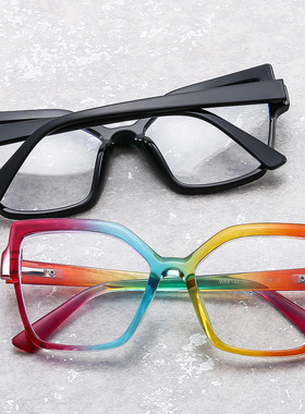 欧美新款拼色框架原宿风防蓝光眼镜PC板材色框女士平光镜可配近视
