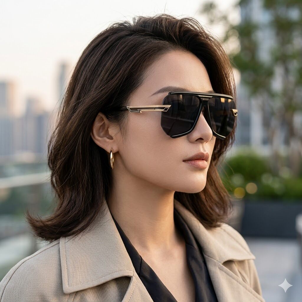 未来感一体式太阳镜 高清防uv 黑金装饰镜腿街拍出片男女同款