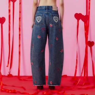 泰国潮牌 endless holiday蝴蝶结玫瑰花刺绣蕾丝花边牛仔裤