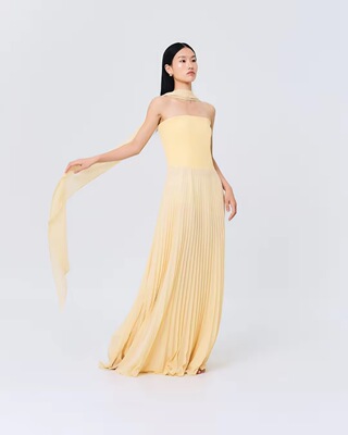 泰国潮牌 paing黄色抹胸飘逸围巾式连衣裙晚礼服