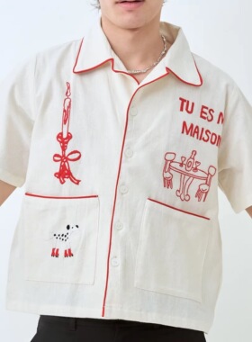 泰国小众品牌 pickle projects 纯棉亚麻手工刺绣图案短袖衬衣