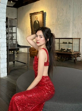 泰国潮牌 everyweek outfit红色亮片吊带连衣裙晚礼服