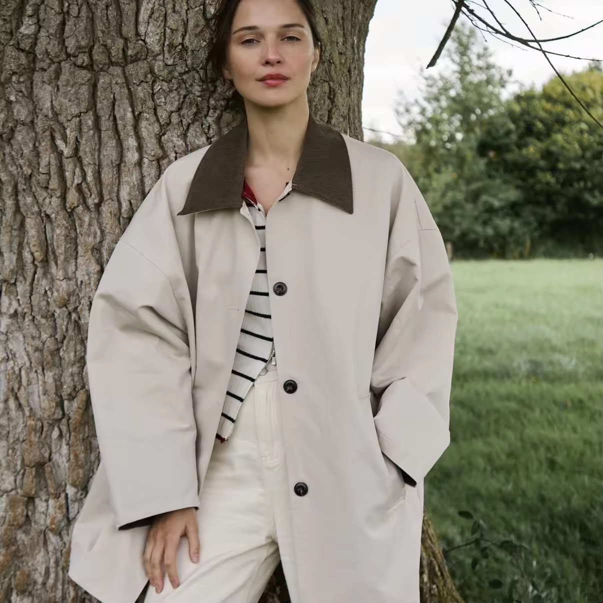 泰国小众品牌 something apparels摩卡色拼接领长款米白色风衣