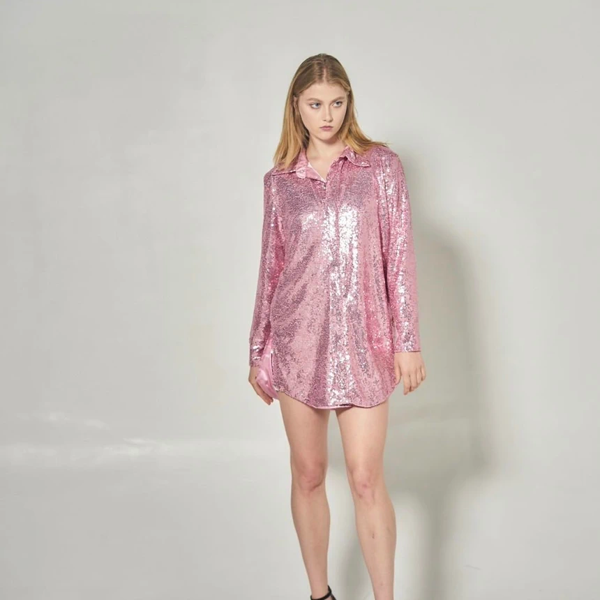 泰国潮牌 everyweek outfit 粉色亮片衬衣外套,女装/女士精品,衬衫,淘宝优惠券,粉丝福利购,淘宝优惠卷