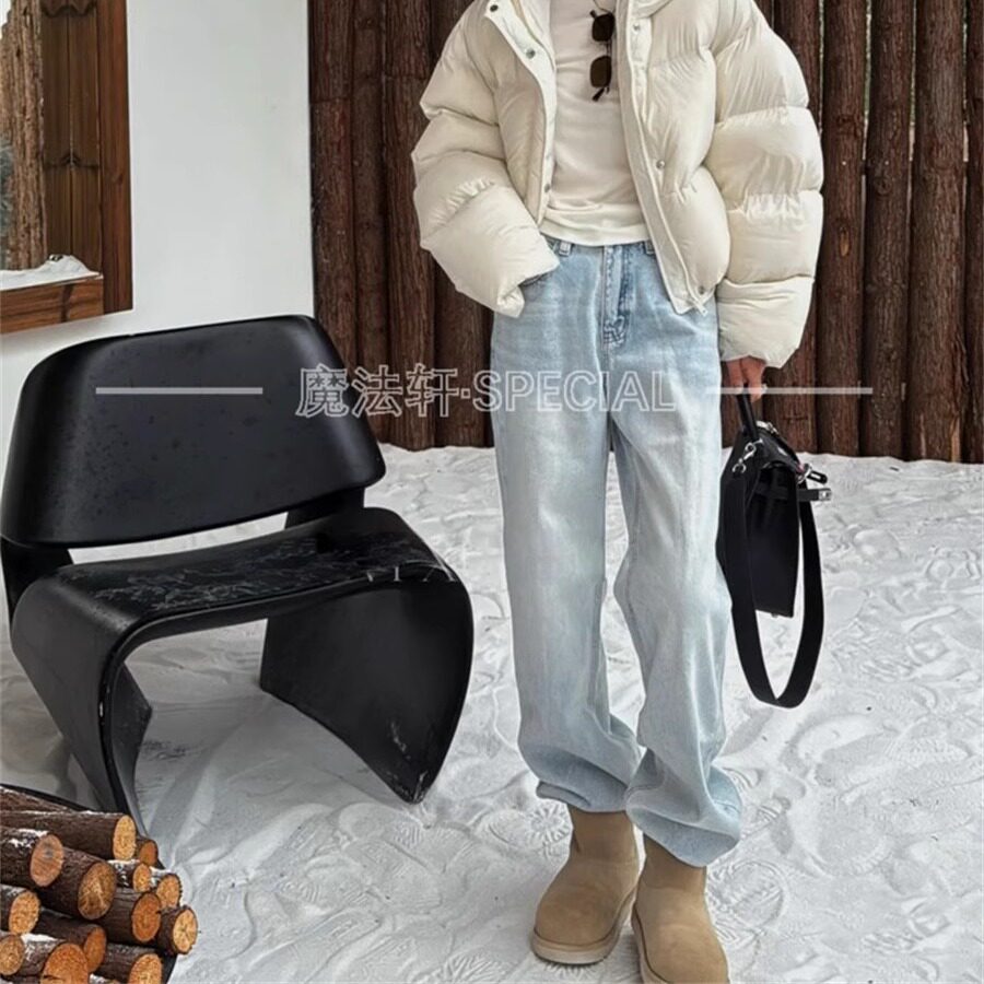 直筒牛仔裤女2025冬季新款后腰纽扣口袋长裤子窄版阔腿裤欧洲站Q