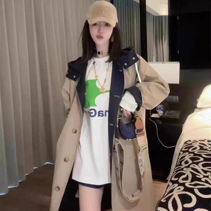 撞色连帽风衣外套长款单排扣上衣