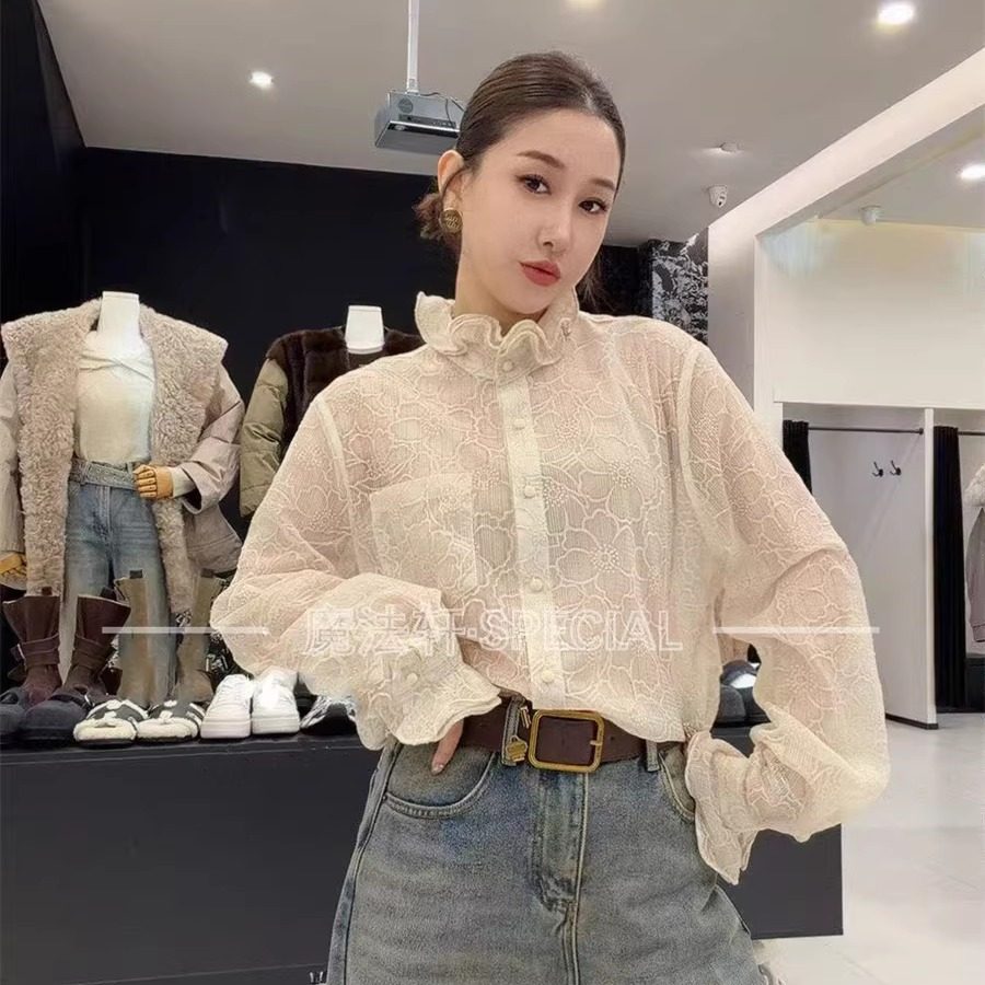 冬季法式印花花苞领喇叭袖衬衫