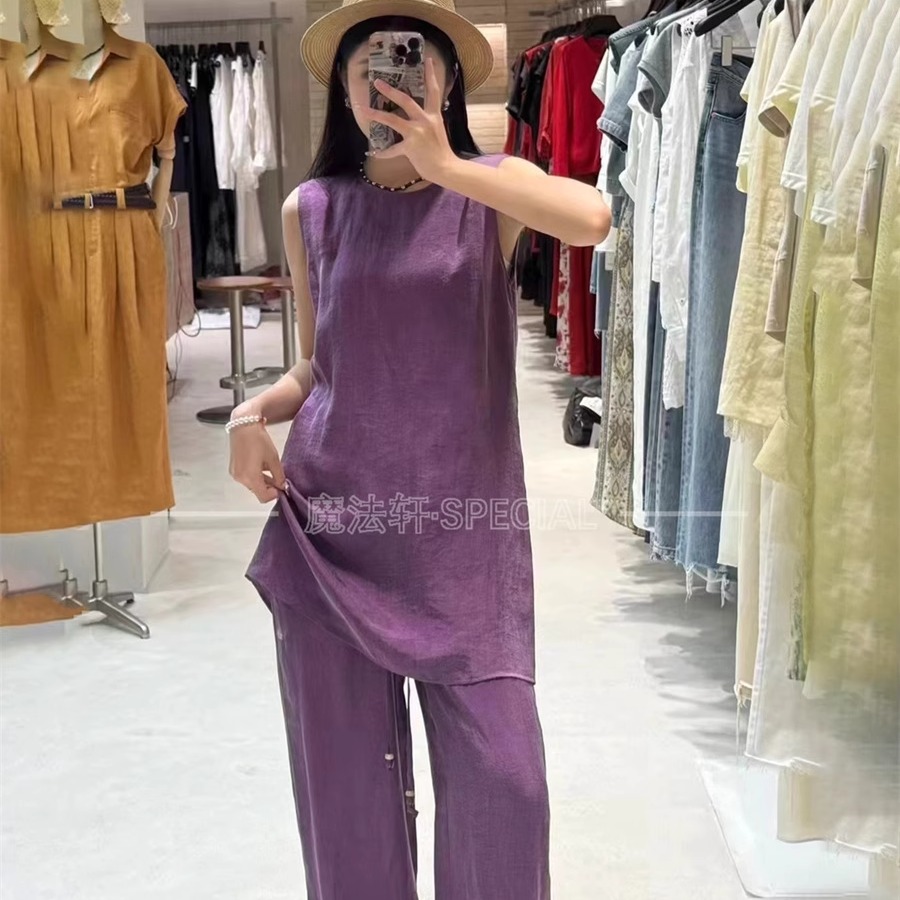 纯色铜氨丝套装女2025新款夏季圆领无袖是+阔腿裤长裤两件套欧货Q