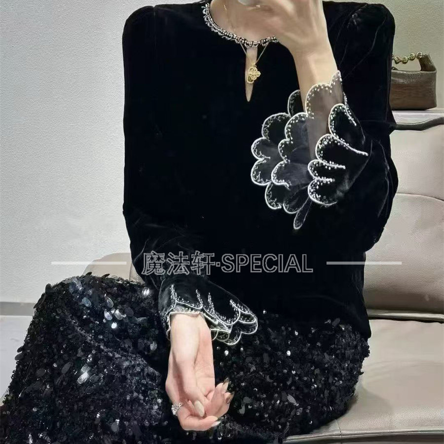 2025冬季韩系花瓣袖丝绒女衬衫