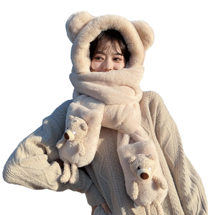 小熊帽子女冬季可爱百搭保暖毛绒帽手套连帽围脖围巾一体三件套潮