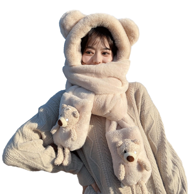 小熊帽子围巾三件套女冬保暖可爱