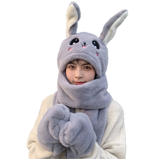 兔子耳朵会动帽子女可爱冬天保暖儿童女童围巾一体三件套毛绒围脖