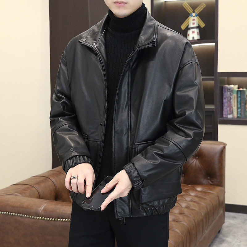 高端鹅绒羽绒服皮衣男短款真皮夹克冬季潮流轻薄立领保暖牛皮外套